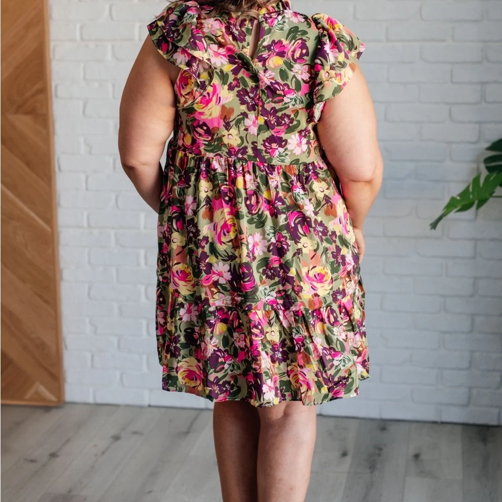 Floral Ruffle Sleeve Babydoll Dress Pink Green Mini - Picture 3 of 6